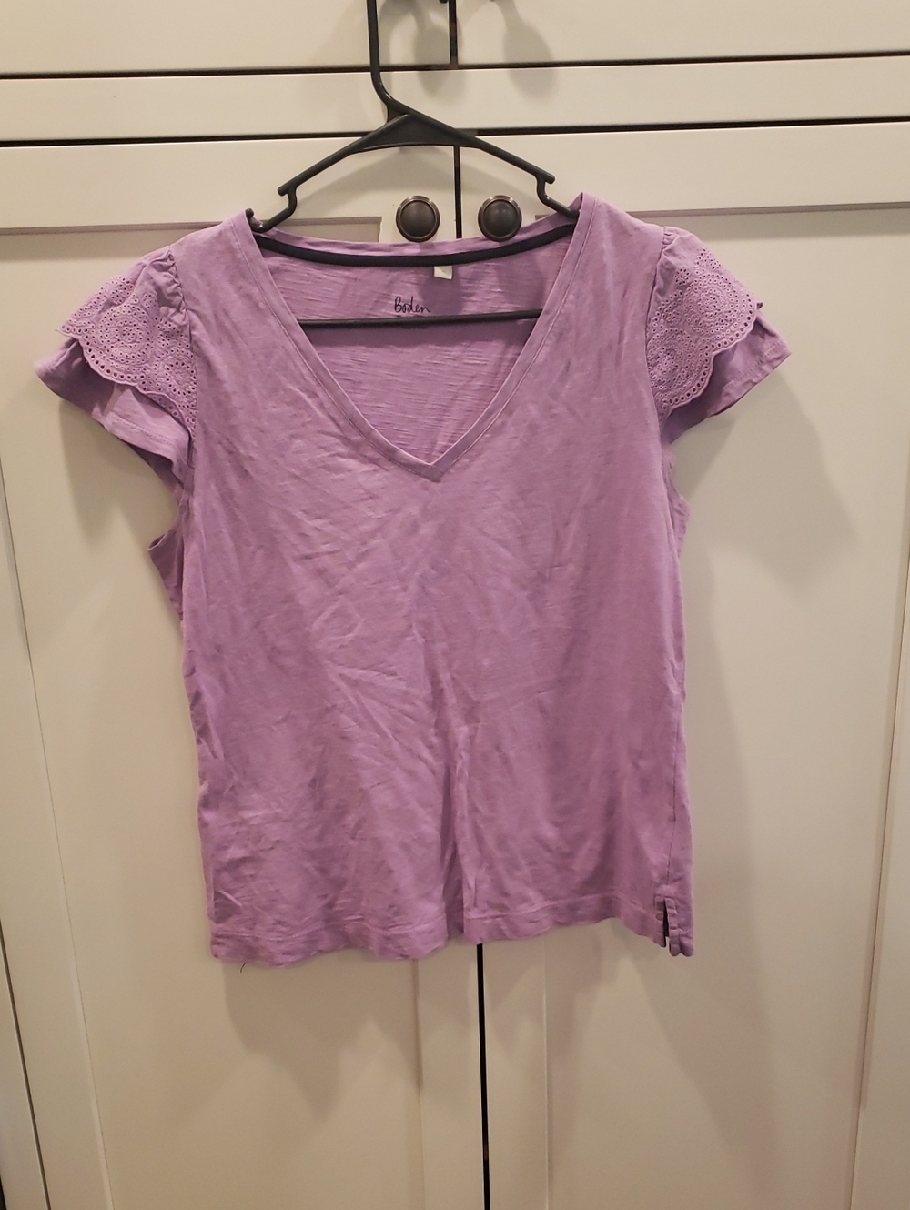 Boden Lavender V-Neck Eyelet Flutter Sleeve Top